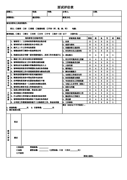 【表格】面试评估表(模板)