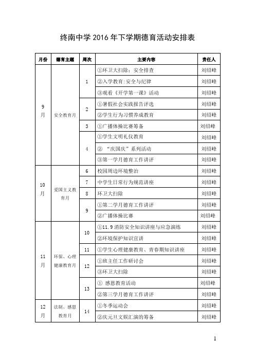 2016下德育活动安排表