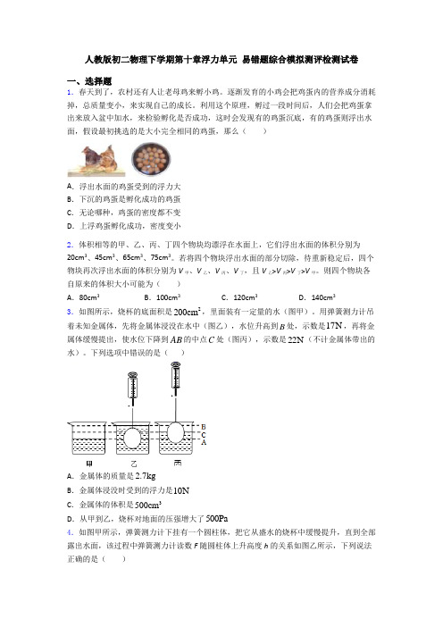 人教版初二物理下学期第十章浮力单元 易错题综合模拟测评检测试卷