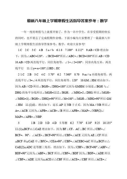 最新八年级上学期寒假生活指导答案参考：数学