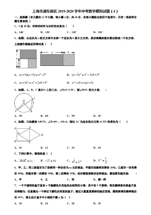 上海市浦东新区2019-2020学年中考数学模拟试题(4)含解析