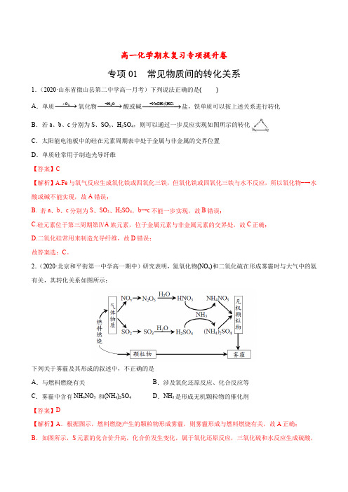 人教版高中化学必修二高一专项01 常见物质间的转化关系(解析版)