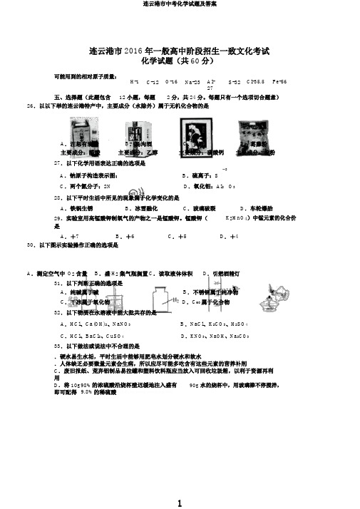 连云港市中考化学试题及答案