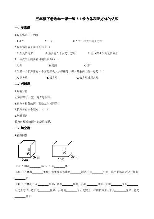 五年级下册数学一课一练3.1长方体和正方体的认识 人教新版(含答案)