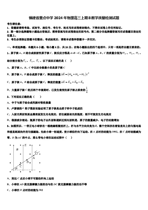 福建省重点中学2024年物理高三上期末教学质量检测试题含解析