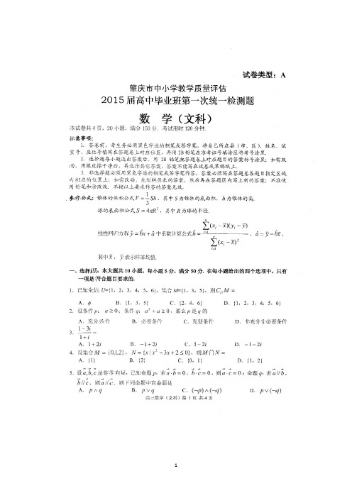 2015肇庆一检 广东省肇庆市2015届高中毕业班第一次统一检测数学文试题 扫描版含答案