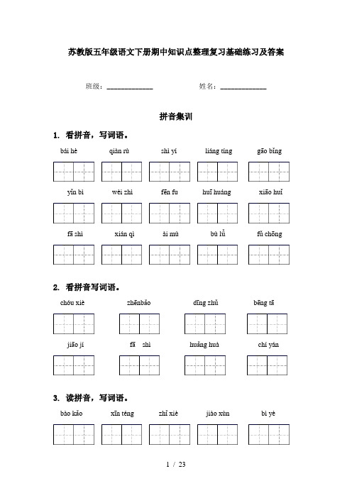 苏教版五年级语文下册期中知识点整理复习基础练习及答案