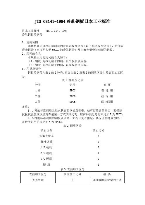 JIS G3141-1994冷轧钢板日本工业标准