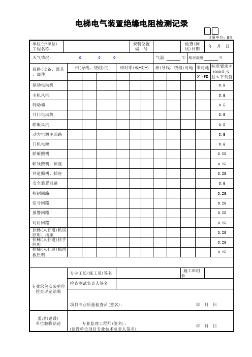 电梯电气装置绝缘电阻检测记录