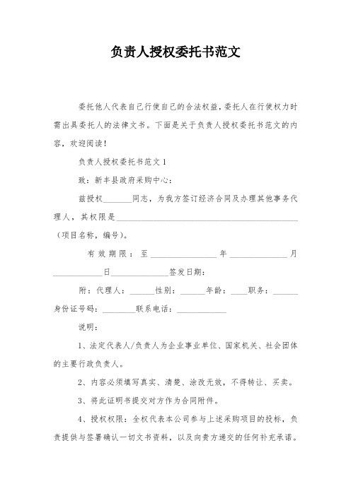 负责人授权委托书范文