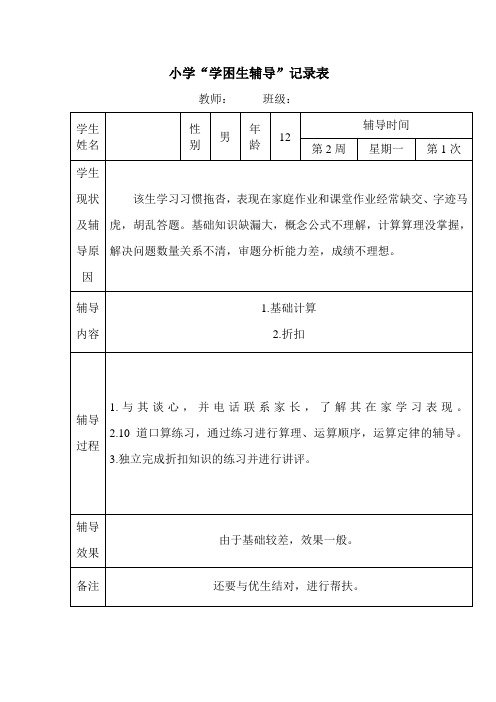 (完整)小学六年级数学学困生辅导记载表