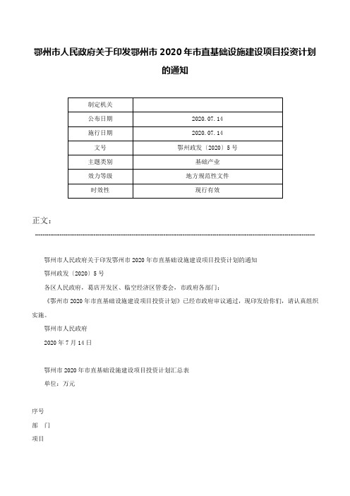 鄂州市人民政府关于印发鄂州市2020年市直基础设施建设项目投资计划的通知-鄂州政发〔2020〕5号