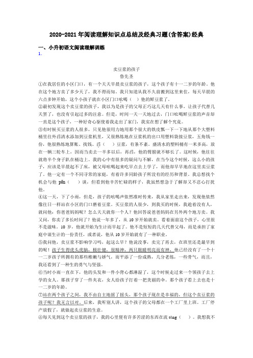 小升初2020-2021年阅读理解知识点总结及经典习题(含答案)经典