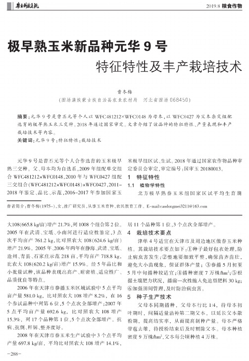 极早熟玉米新品种元华9号特征特性及丰产栽培技术