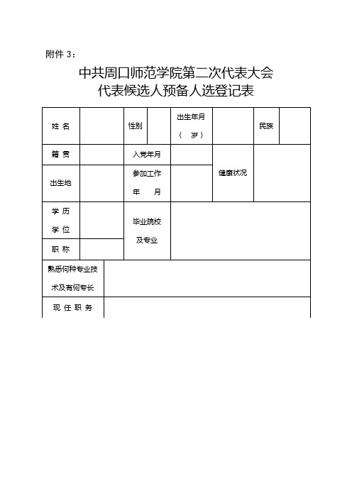 代表候选人预备人选登记表