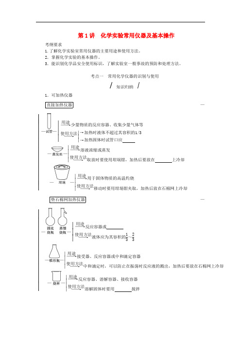 高考复习方案高考化学一轮复习 第1单元 从实验学化学 第1讲 化学实验常用仪器及基本操作教学案(无答