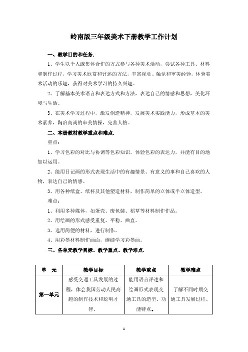 岭南版三年级美术下册教学工作计划