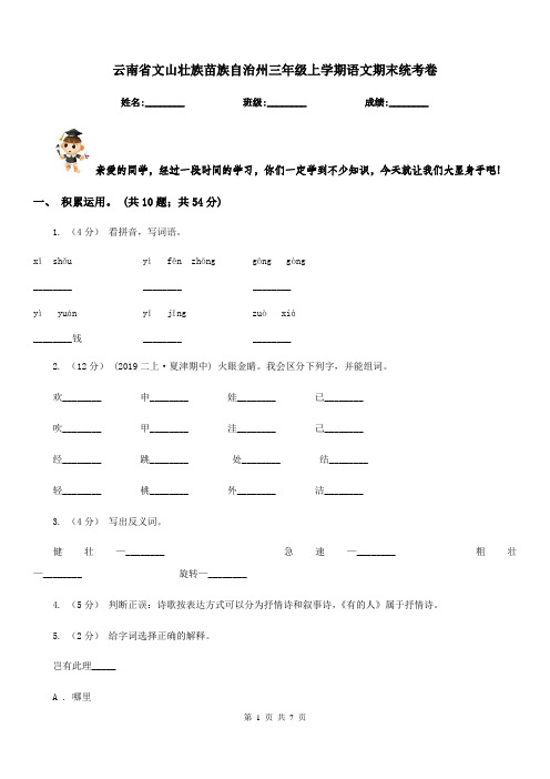 云南省文山壮族苗族自治州三年级上学期语文期末统考卷