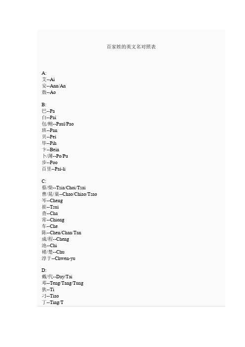 百家姓的英文名对照表