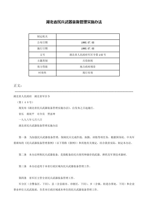 湖北省民兵武器装备管理实施办法-湖北省人民政府军区令第148号