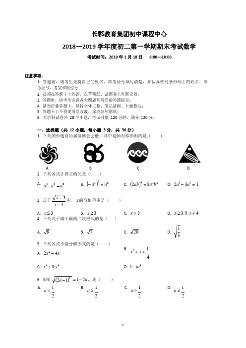 2018-2019 长郡集团 八上期末数学试卷(原卷)