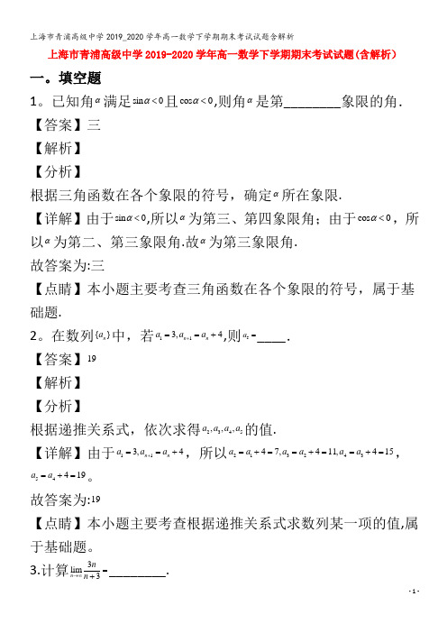 青浦高级中学高一数学下学期期末考试试题含解析