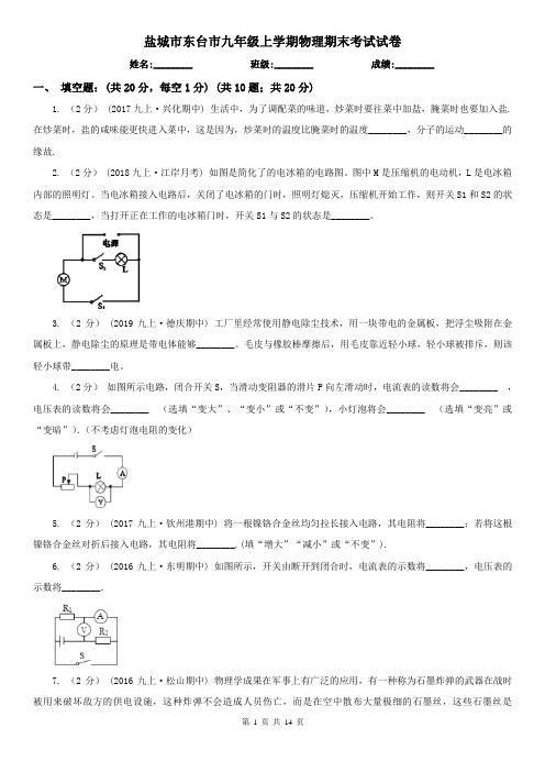 盐城市东台市九年级上学期物理期末考试试卷