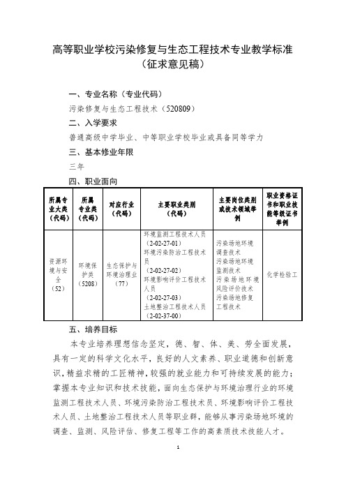 环境保护类专业教学标准——污染修复与生态工程技术专业标准520809