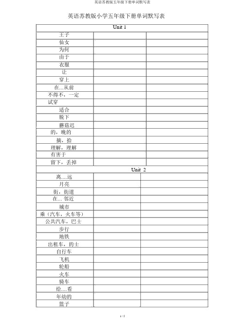 英语苏教版五年级下册单词默写表