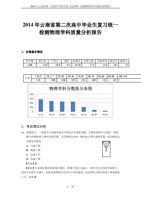 2014年云南省第二次高中毕业生复习总结统一检测物理学科质量分析报告