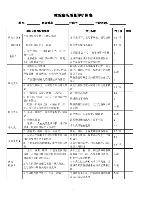 住院病历质量评价用表2022