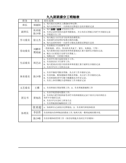 班委分工明细表