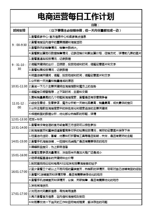 电商运营每日工作计划excel模板