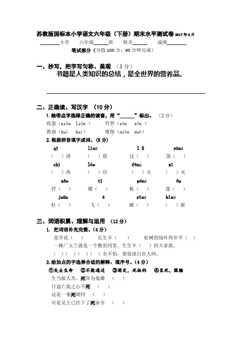 苏教版国标本小学语文六年级下册期末水平测试卷