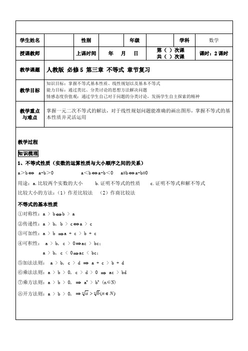 人教版高中数学必修5第三章 不等式章节复习