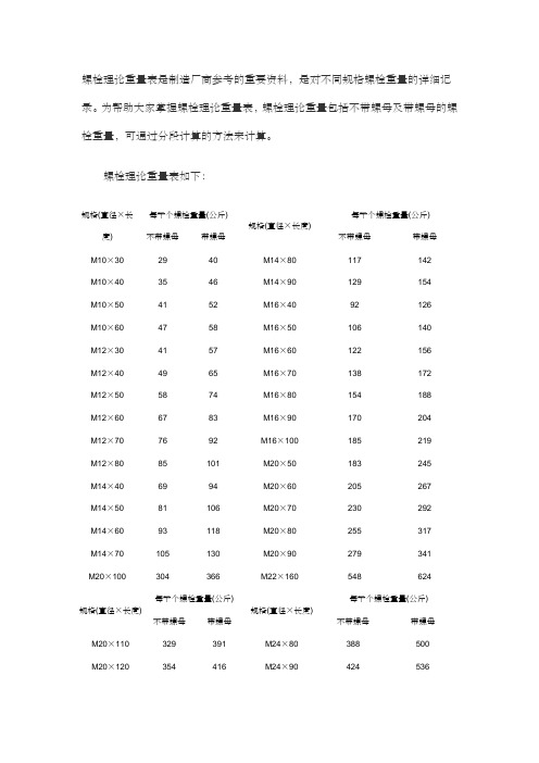 螺栓理论重量表