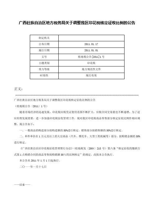 广西壮族自治区地方税务局关于调整我区印花税核定征收比例的公告-桂地税公告[2011]1号