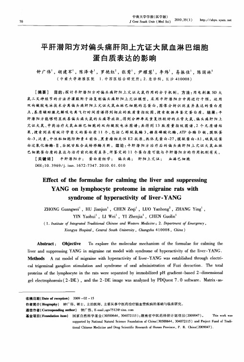 平肝潜阳方对偏头痛肝阳上亢证大鼠血淋巴细胞蛋白质表达的影响