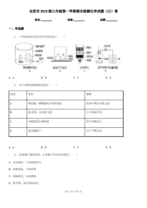 合肥市2019版九年级第一学期期末检测化学试题(II)卷
