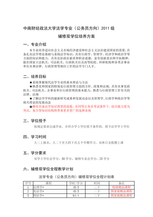 中南财经政法大学法学专业辅修双学位全程培养方案