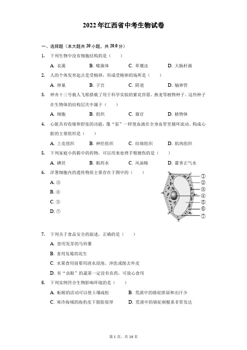 2022年江西省中考生物试题及答案解析