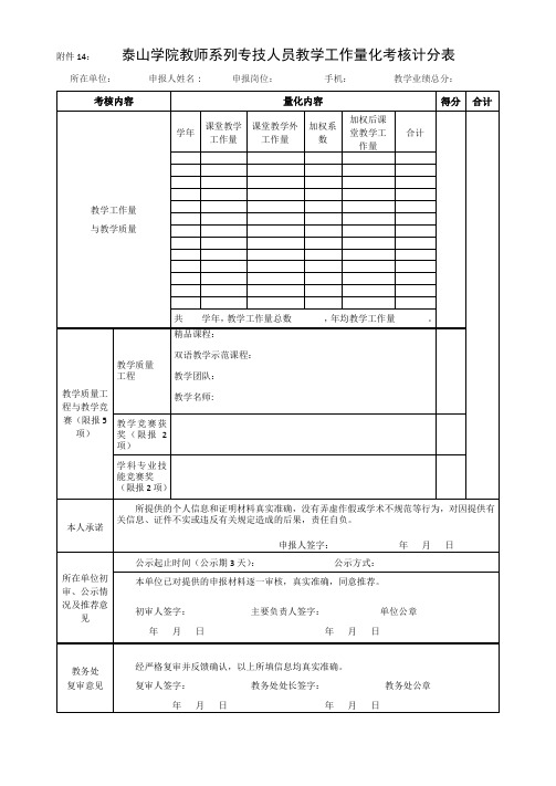 14泰山学院教师系列专技人员教学工作量化考核计分表