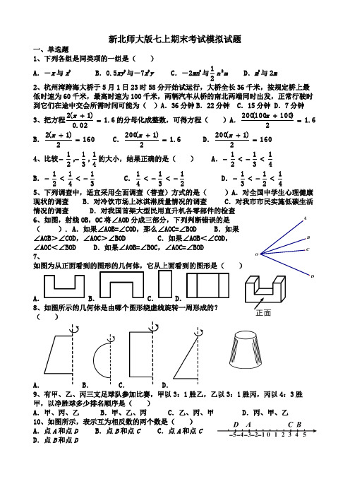 新北师大版七上期末考试模拟试题