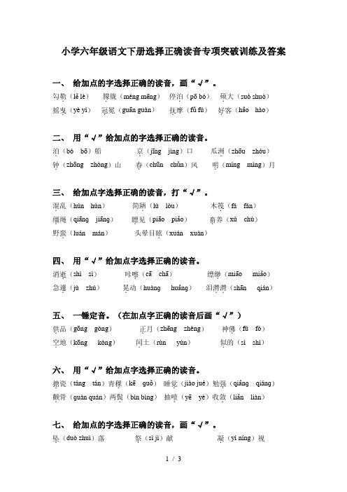 小学六年级语文下册选择正确读音专项突破训练及答案