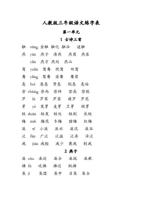 人教版三年级语文练字表