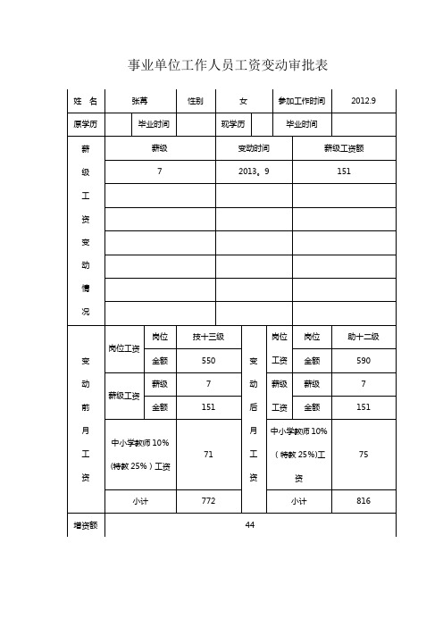 2014事业单位工作人员工资变动审批表