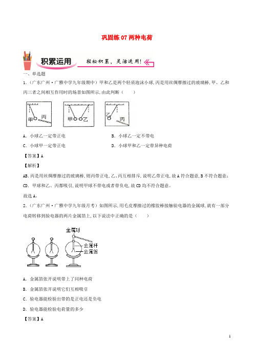 九年级物理上学期寒假作业巩固练07两种电荷含解析新人教版