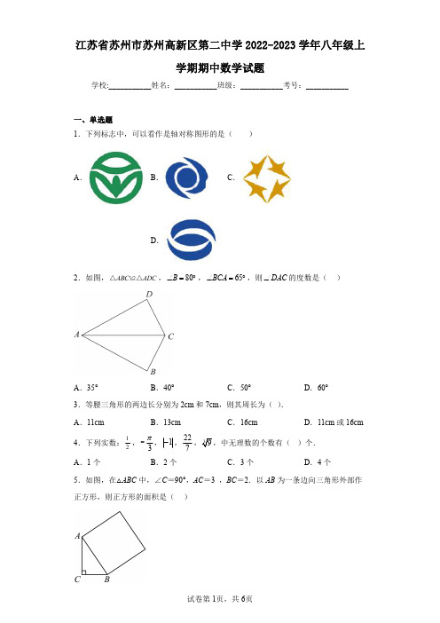 江苏省苏州市苏州高新区第二中学2022-2023学年八年级上学期期中数学试题