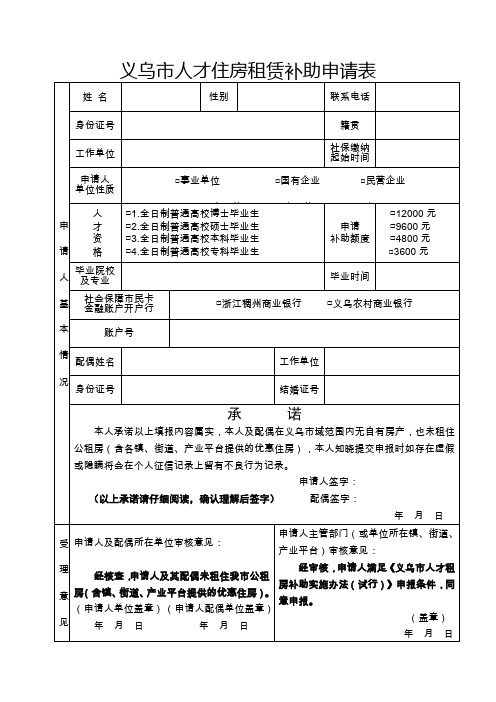 义乌市人才房租赁补助申请表