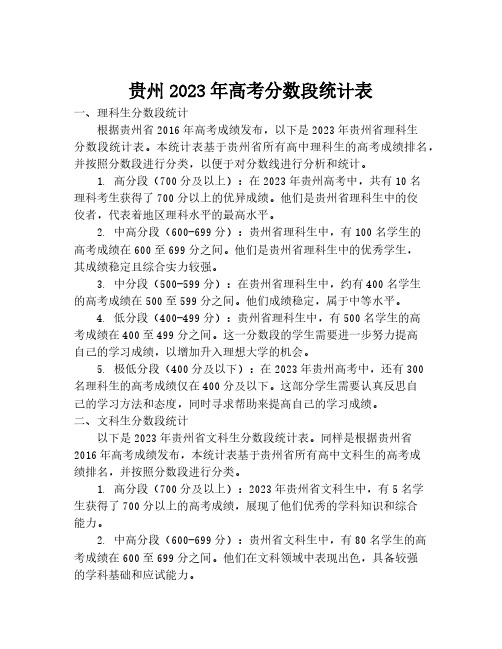 贵州2023年高考分数段统计表